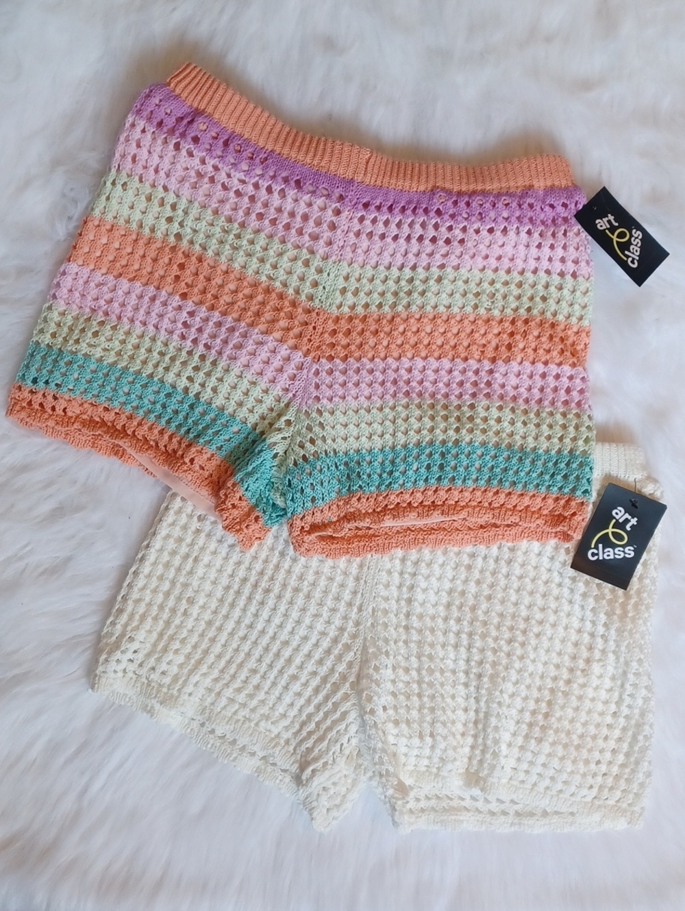Art Class Crocheted Shorts (2) Girls Size XL 14. Ivory & Multi Colored